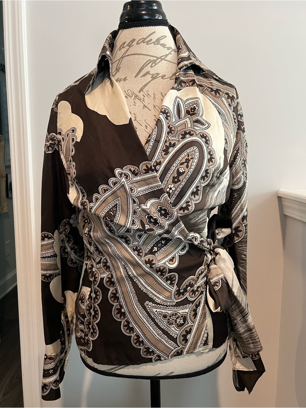 Ann Taylor Brown and Cream Paisley Wrap Blouse